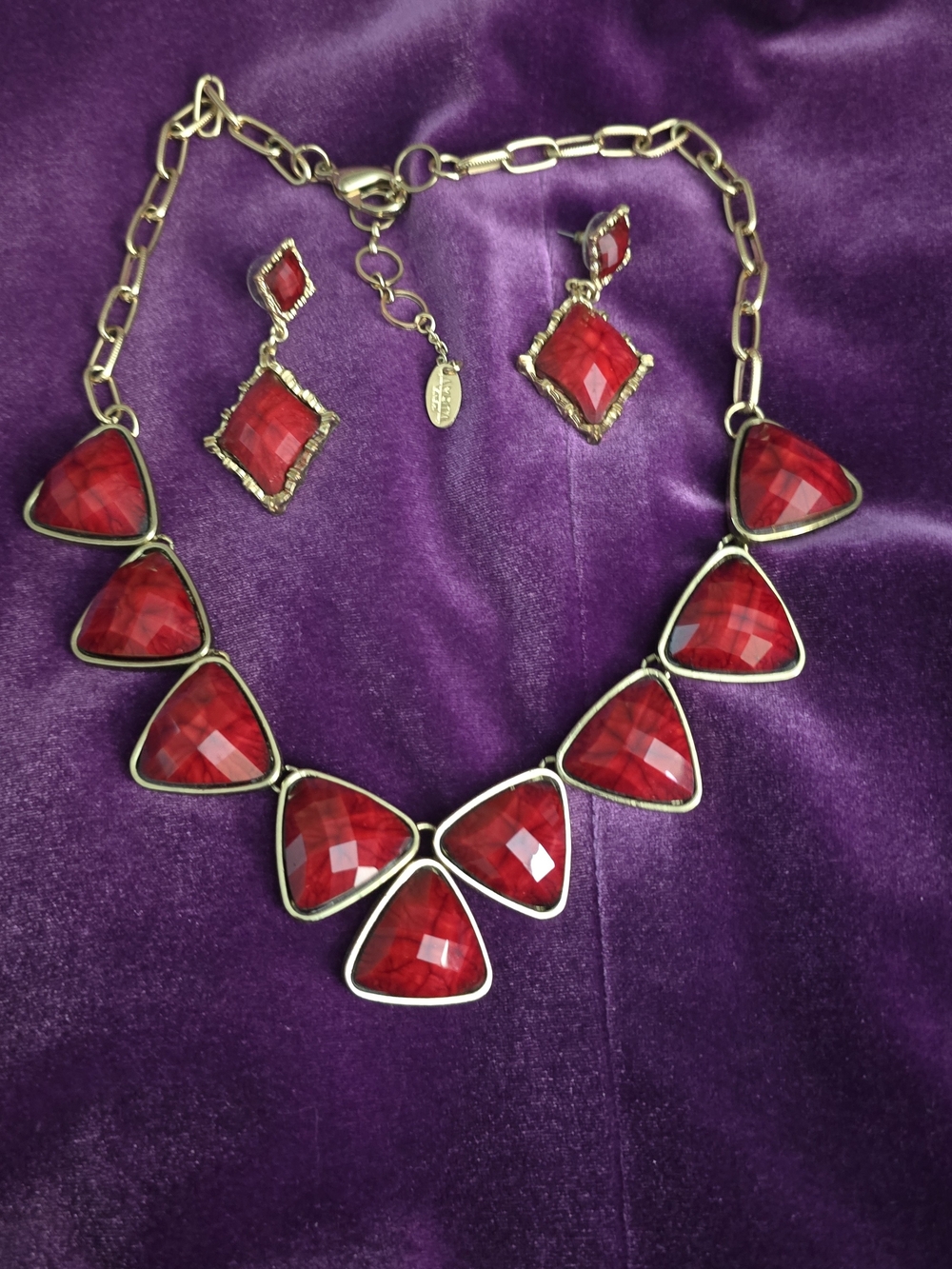 Red Statement Necklace and Earrings Set - Gold-Tone Accents